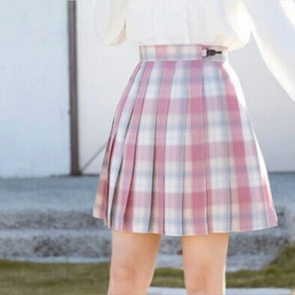 FRUIT SUGAR (Junior) Pleated Checkered Plaid Pink Mini Skirt - Picture 1 of 7